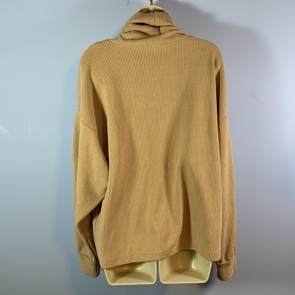 Easel boutique cowl neck sweater thin ribbed camel tan loose boxy exposed seams - Picture 2 of 8